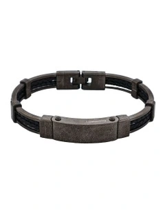 Ion Plated Antique Stainless Steel And Black Leather Bracelet in Gunmetal