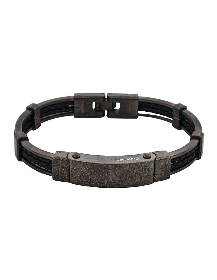 Ion Plated Antique Stainless Steel And Black Leather Bracelet in Gunmetal image 1