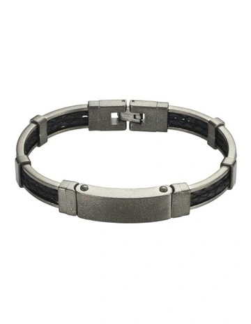 Ion Plated Antique Stainless Steel And Black Leather Bracelet in Gunmetal