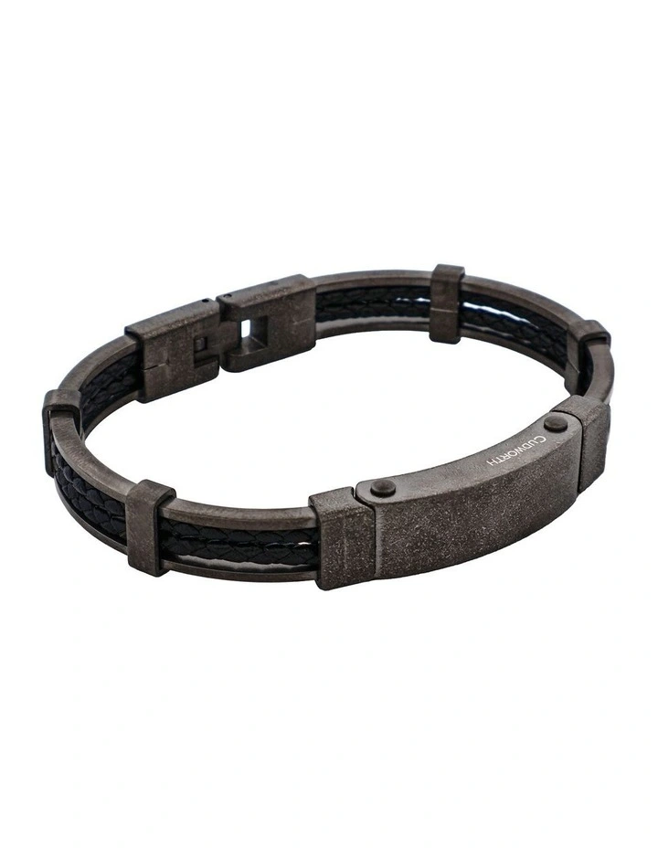 Ion Plated Antique Stainless Steel And Black Leather Bracelet in Gunmetal image 2