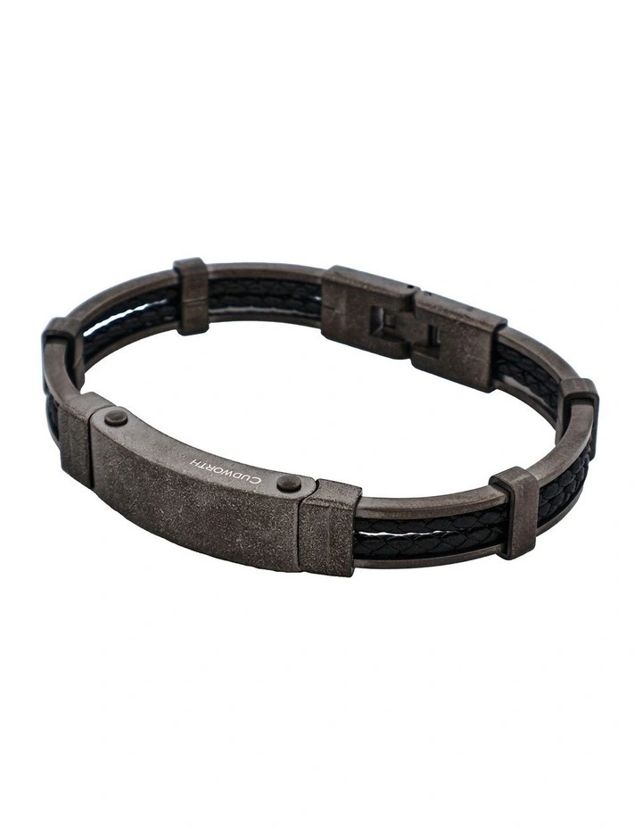 Ion Plated Antique Stainless Steel And Black Leather Bracelet in Gunmetal image 3