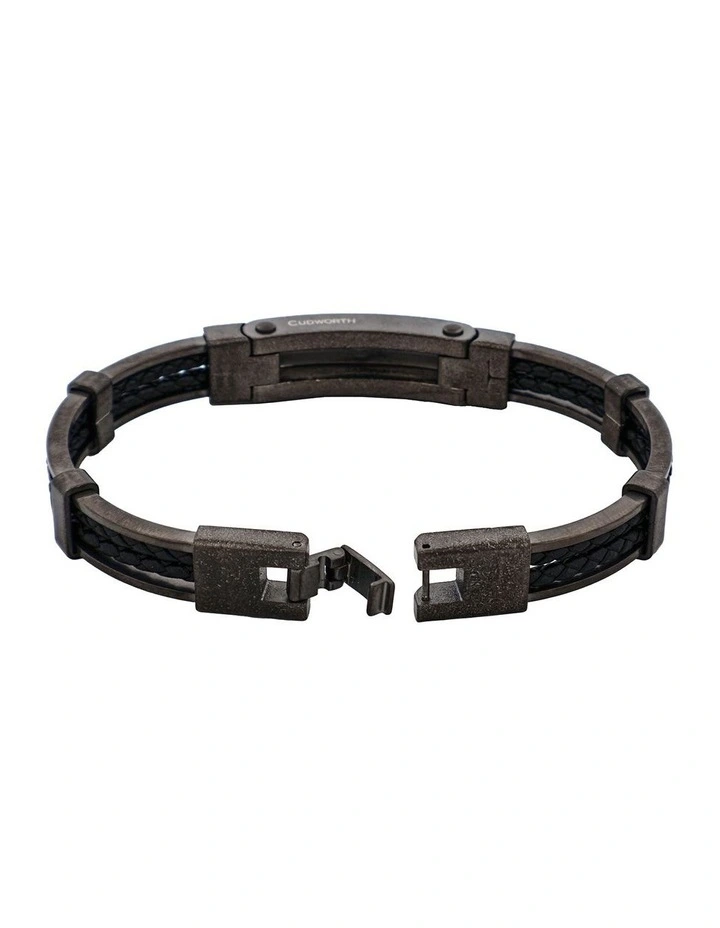 Ion Plated Antique Stainless Steel And Black Leather Bracelet in Gunmetal image 4