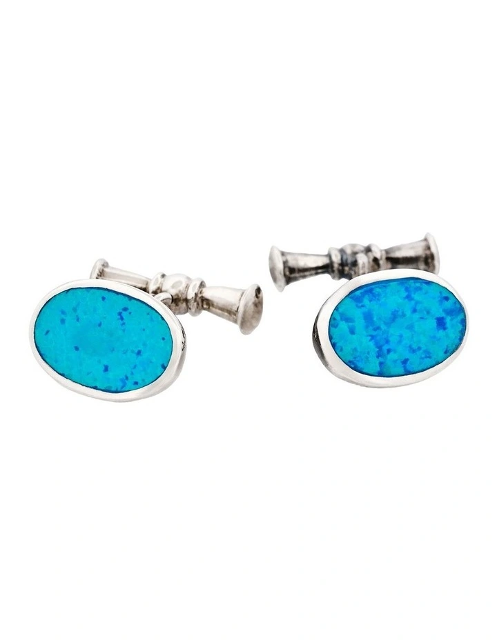 Sterling Silver Oval Cufflinks With Glass Opal Inlay on Chain in Blue image 1