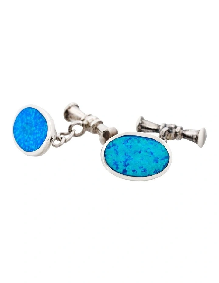 Sterling Silver Oval Cufflinks With Glass Opal Inlay on Chain in Blue image 4