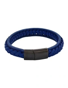 Stitched Leather and Stainless Steel Bracelet in Navy