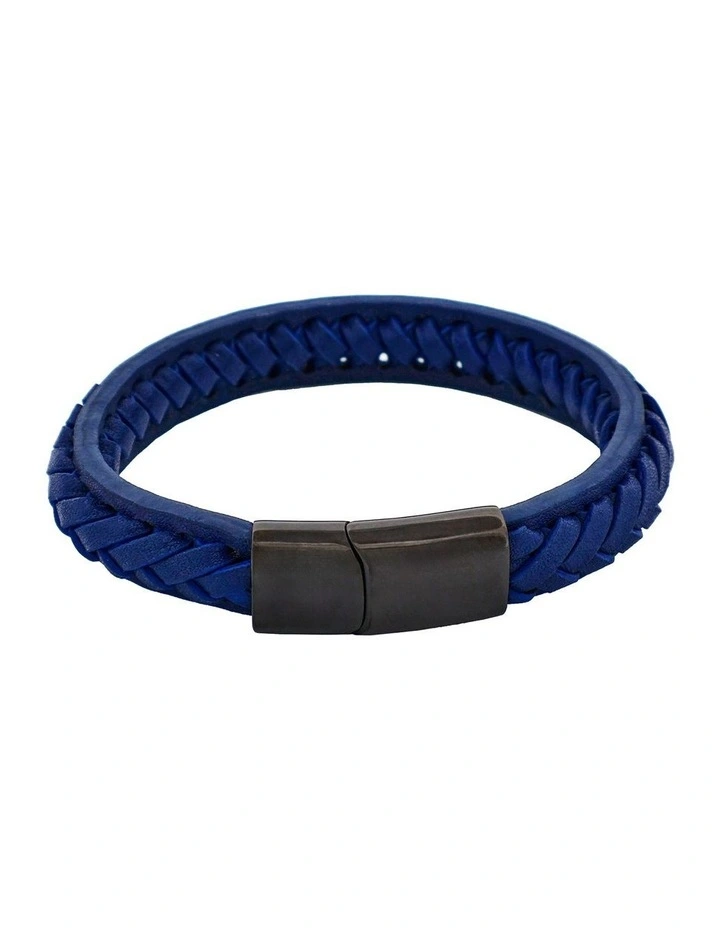 Stitched Leather and Stainless Steel Bracelet in Navy image 1