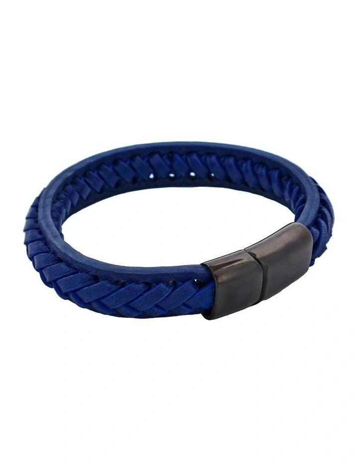 Stitched Leather and Stainless Steel Bracelet in Navy image 2