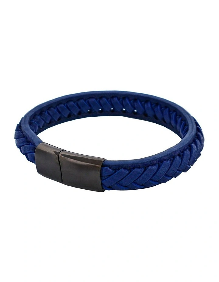 Stitched Leather and Stainless Steel Bracelet in Navy image 3