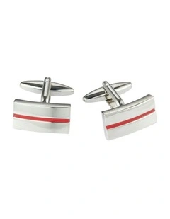Brushed Rhodium Plated Rectangle Cufflinks with Centre Striped Enamel Inlay in Red