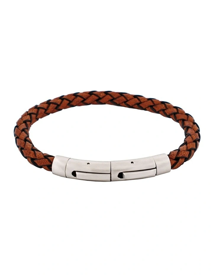 Tan Italian Leather And Stainless Steel Bracelet in Silver image 1