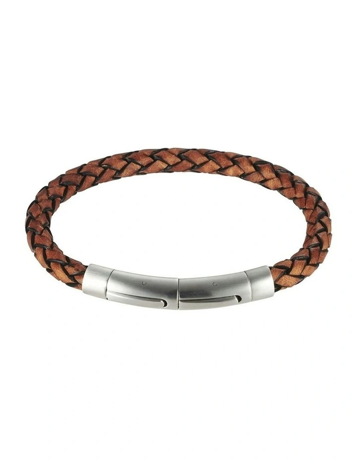 Tan Italian Leather And Stainless Steel Bracelet in Silver image 1