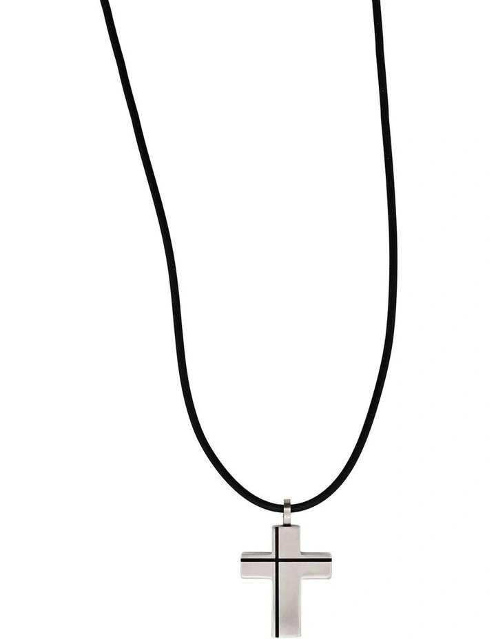 Stainless Steel Cross Pendant And Rubber Chain in Black image 1