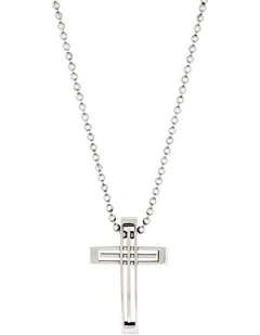 Stainless Steel Striped Cross Pendant & Ball Chain 55cm in Silver