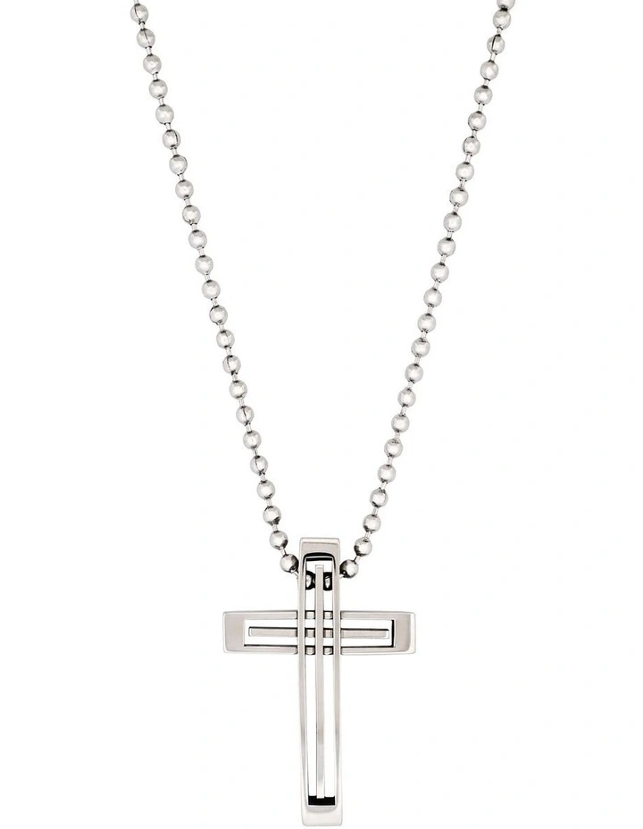 Stainless Steel Striped Cross Pendant & Ball Chain 55cm in Silver image 1