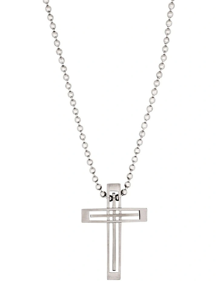 Stainless Steel Striped Cross Pendant & Ball Chain 55cm in Silver image 2