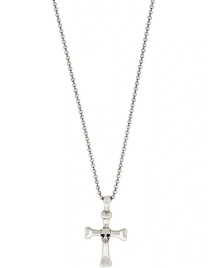 Stainless Steel Cross And Skull Pendant 55cm Ball Chain in Silver image 1