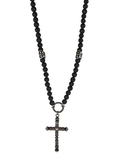 Stainless Steel Antique Plated Cross And Lava Rock Bead Neck Chain in Silver