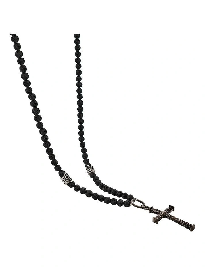 Stainless Steel Antique Plated Cross And Lava Rock Bead Neck Chain in Silver image 3