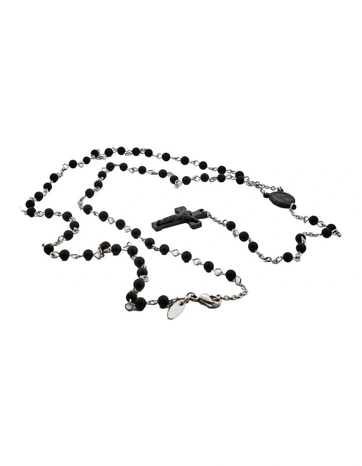 Stainless Steel Rosary Bead Stone and Cross Neckpiece in Silver image 3