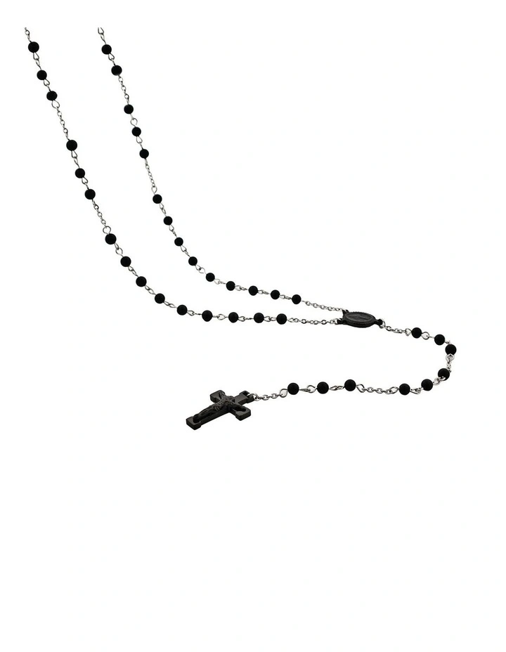 Stainless Steel Rosary Bead Stone and Cross Neckpiece in Silver image 4