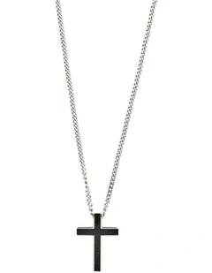 Stainless Steel and Carbon Fibre Cross Pendant on Curbed Link Chain in Silver