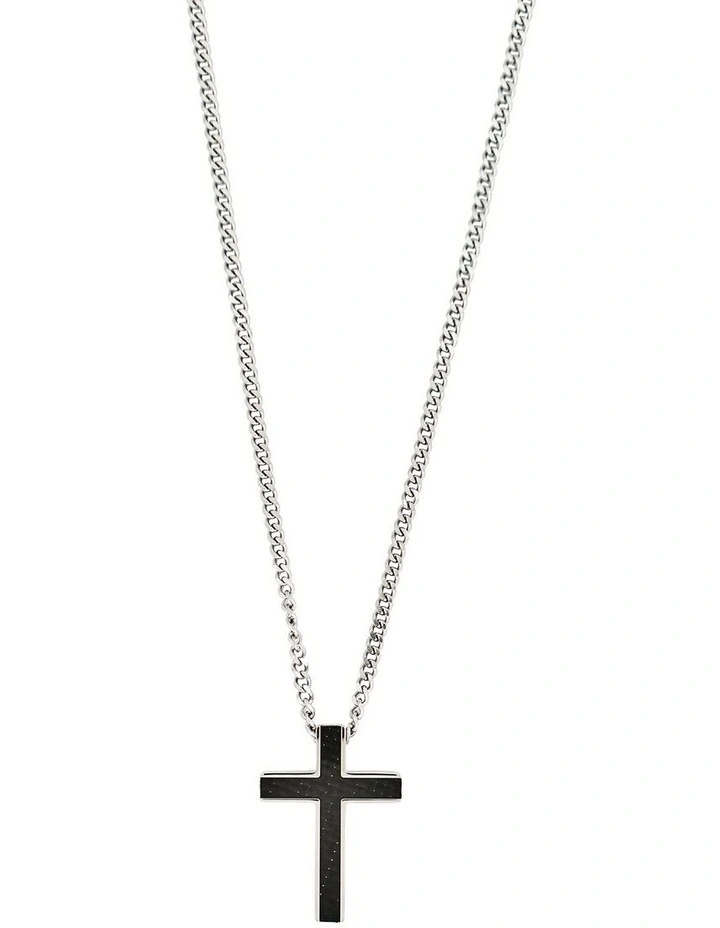 Stainless Steel and Carbon Fibre Cross Pendant on Curbed Link Chain in Silver image 1