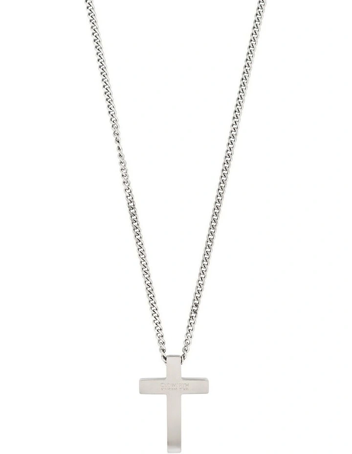 Stainless Steel and Carbon Fibre Cross Pendant on Curbed Link Chain in Silver image 2
