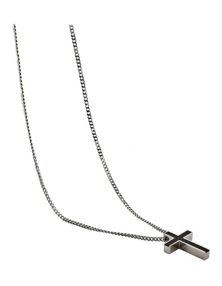Stainless Steel and Carbon Fibre Cross Pendant on Curbed Link Chain in Silver image 4