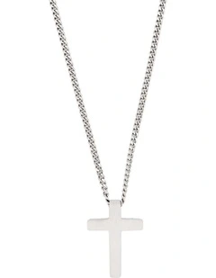 Small Brushed Stainless Steel Cross Pendant on Curb Link Chain in Silver