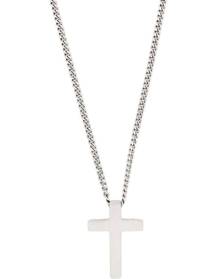Small Brushed Stainless Steel Cross Pendant on Curb Link Chain in Silver image 1