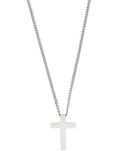 Small Brushed Stainless Steel Cross Pendant on Curb Link Chain in Silver