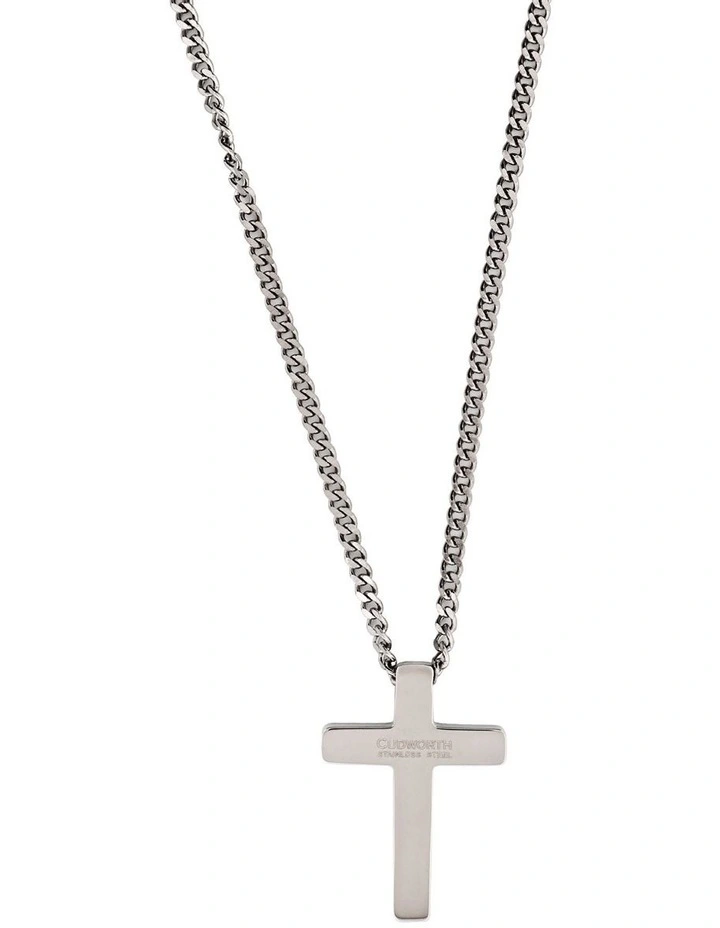 Small Brushed Stainless Steel Cross Pendant on Curb Link Chain in Silver image 2