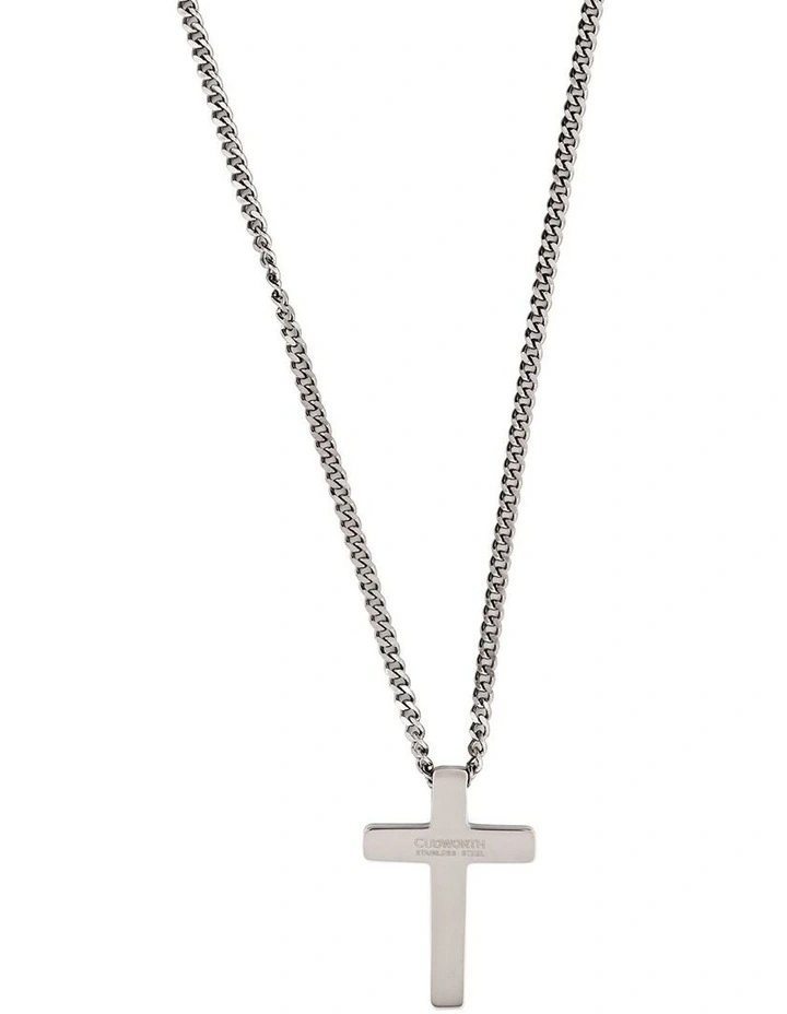 Small Brushed Stainless Steel Cross Pendant on Curb Link Chain in Silver image 2