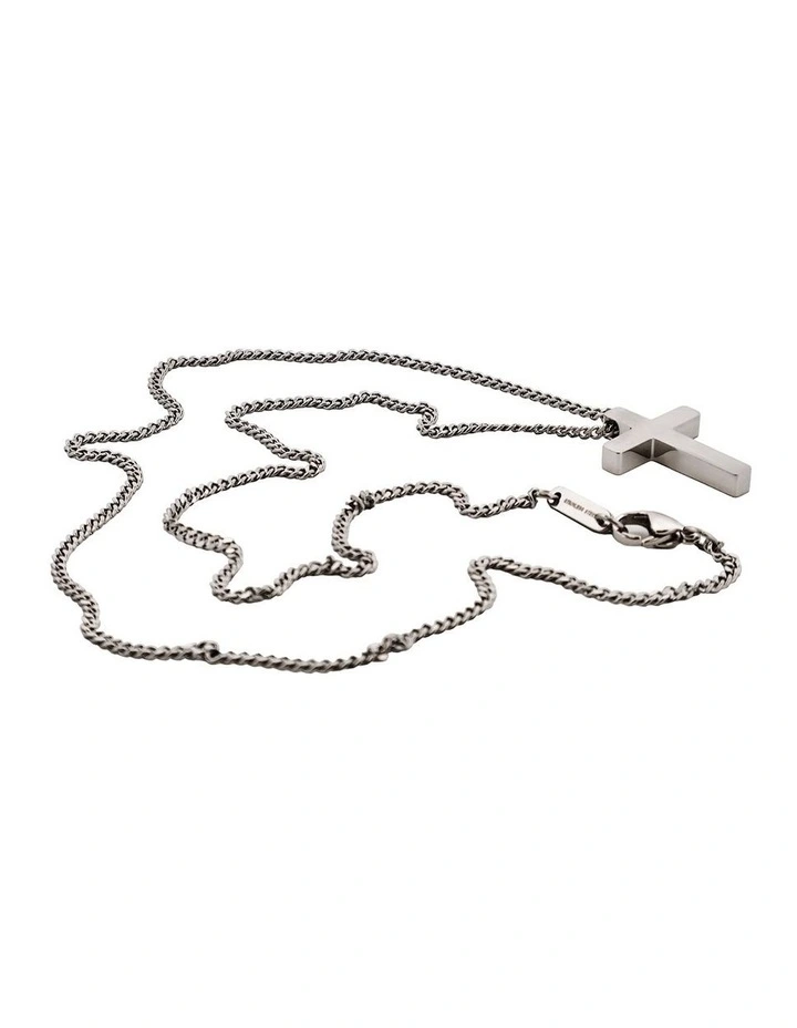 Small Brushed Stainless Steel Cross Pendant on Curb Link Chain in Silver image 3