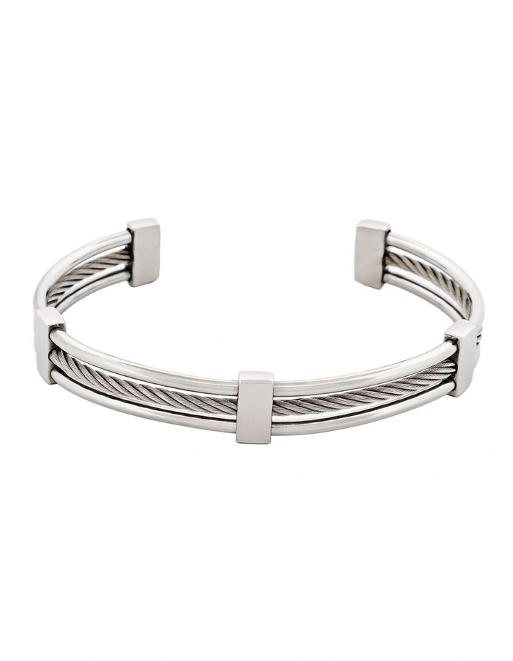 Polished Stainless Steel and Cable Wire Cuff or Bangle in SIlver image 1