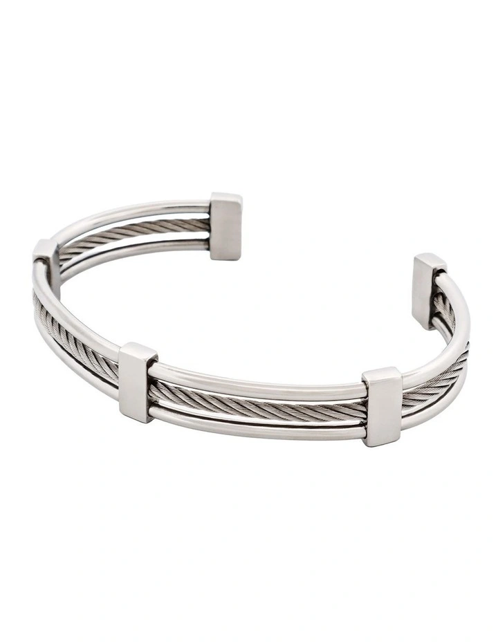 Polished Stainless Steel and Cable Wire Cuff or Bangle in SIlver image 3