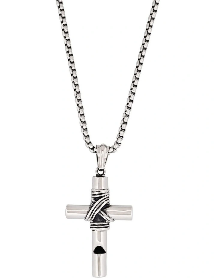 Stainless Steel and Wired Cross with Whistle 60cm Chain Box in Silver image 1