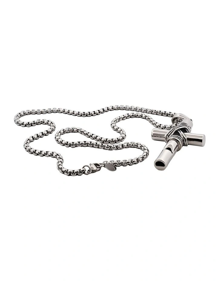 Stainless Steel and Wired Cross with Whistle 60cm Chain Box in Silver image 3