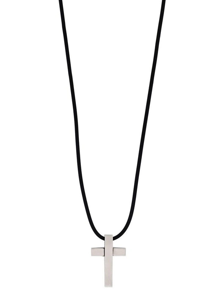 Polished Stainless Steel Cross Pendant on Rubber Chain in Silver image 2