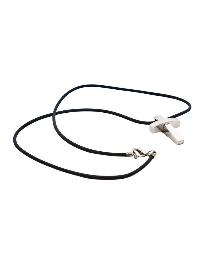 Polished Stainless Steel Cross Pendant on Rubber Chain in Silver image 3
