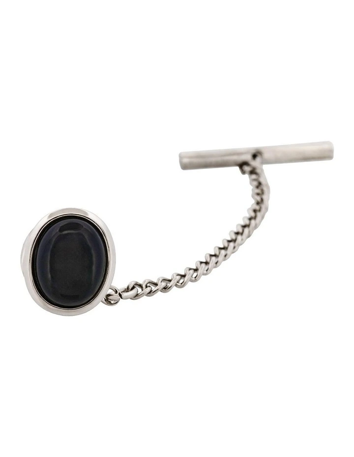 Rhodium Plated Onyx and Oval Tie Tak and Chain in Silver image 1