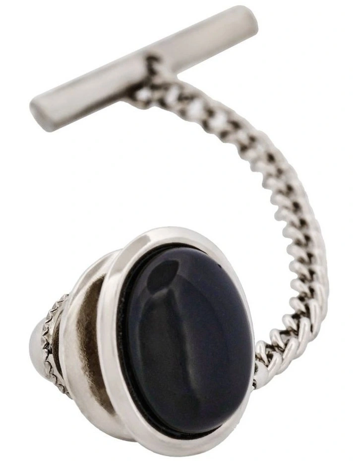 Rhodium Plated Onyx and Oval Tie Tak and Chain in Silver image 2