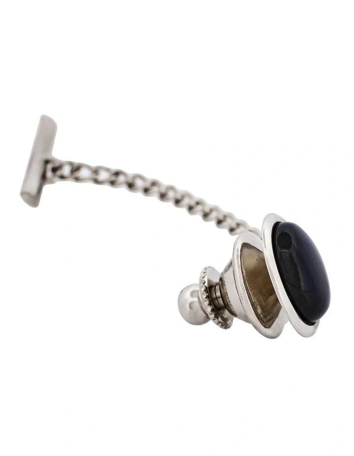 Rhodium Plated Onyx and Oval Tie Tak and Chain in Silver image 3
