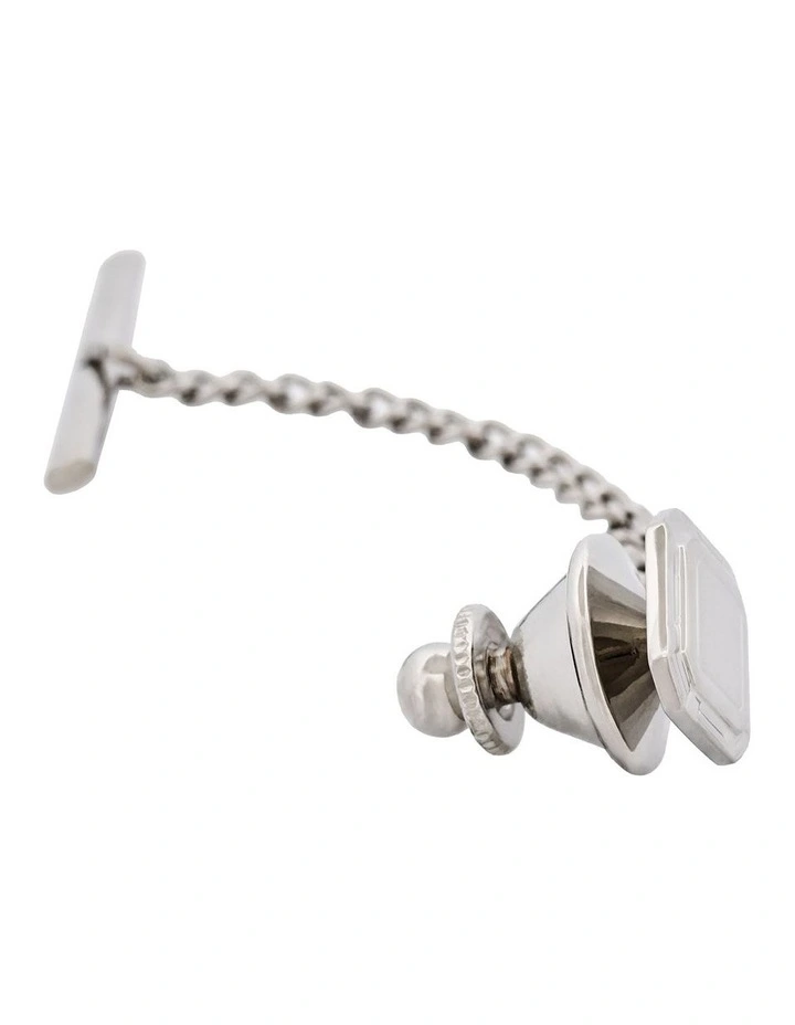 Rhodium Plated Square Tie Tak and Chain in Silver image 2