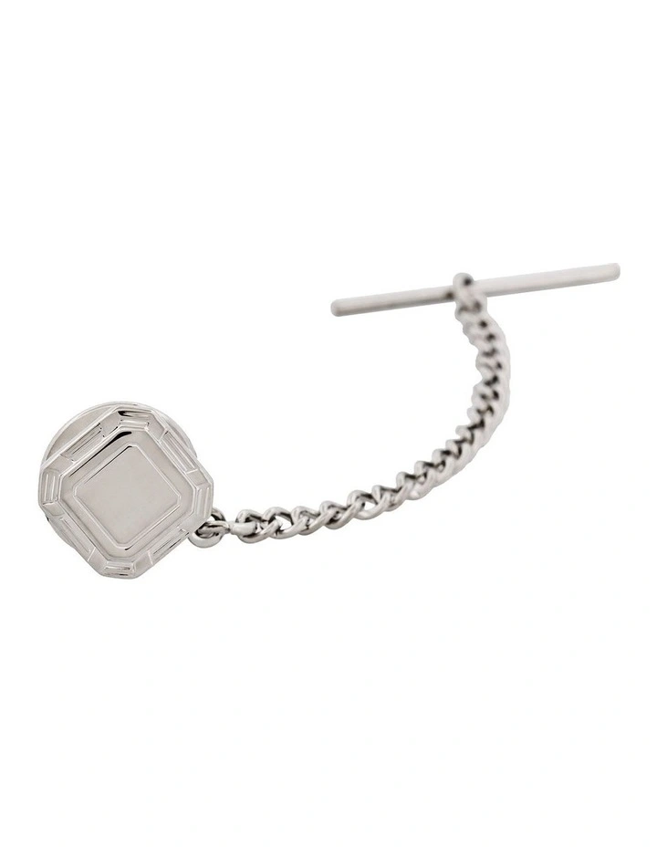 Rhodium Plated Square Tie Tak and Chain in Silver image 3