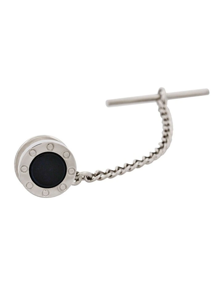 Rhodium Plated and Onyx Tie Tak and Chain in Silver image 3