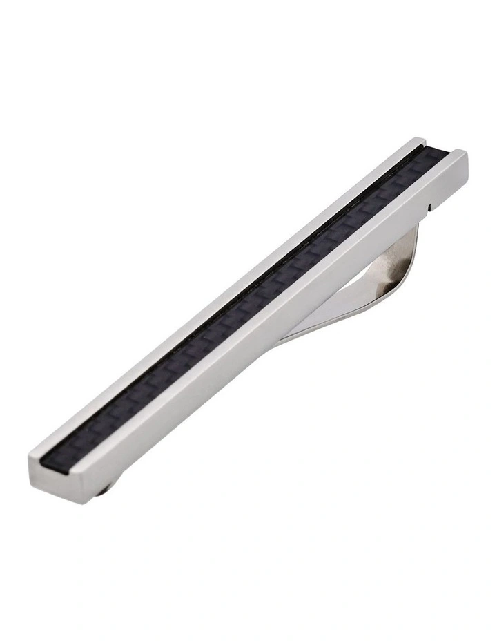 Polished Stainless Steel Tie Slide with Carbon Fibre inlay in Silver image 2