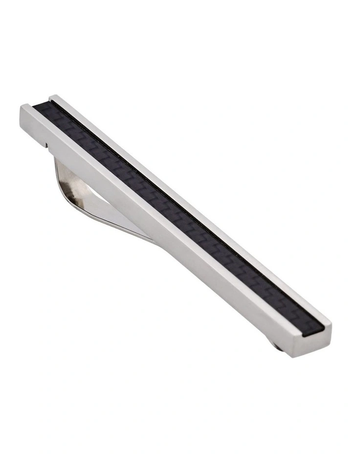 Polished Stainless Steel Tie Slide with Carbon Fibre inlay in Silver image 3