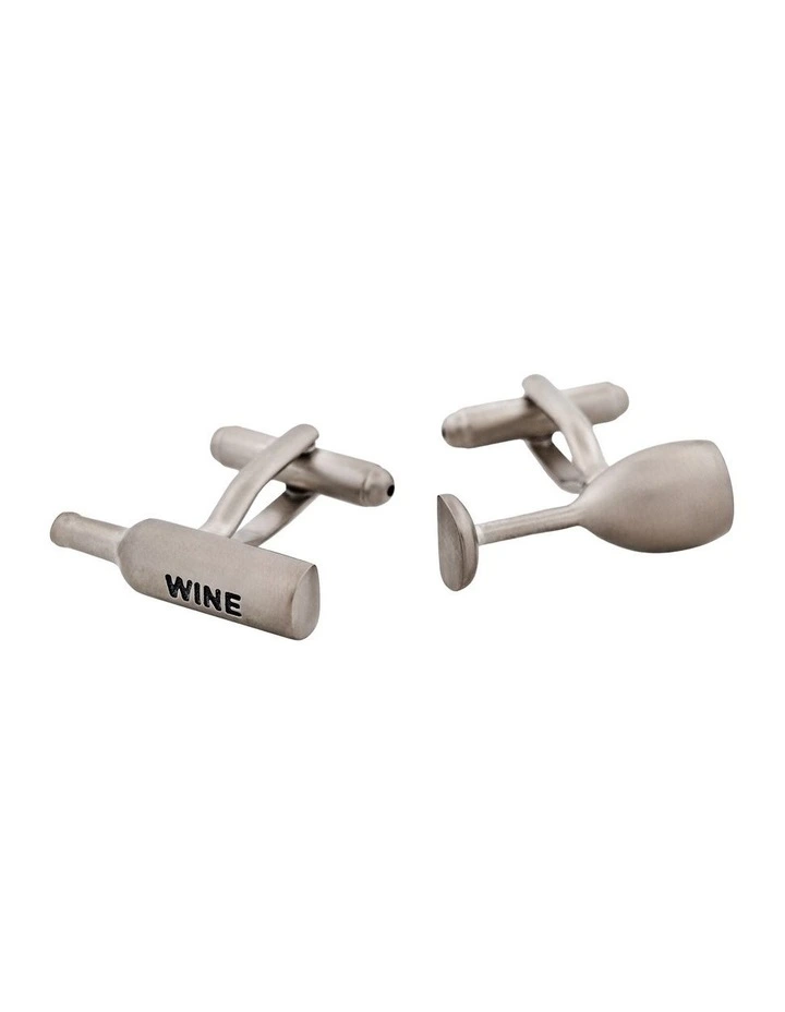 Rhodium Plated Wine Glass & Bottle Cufflinks in Silver image 1