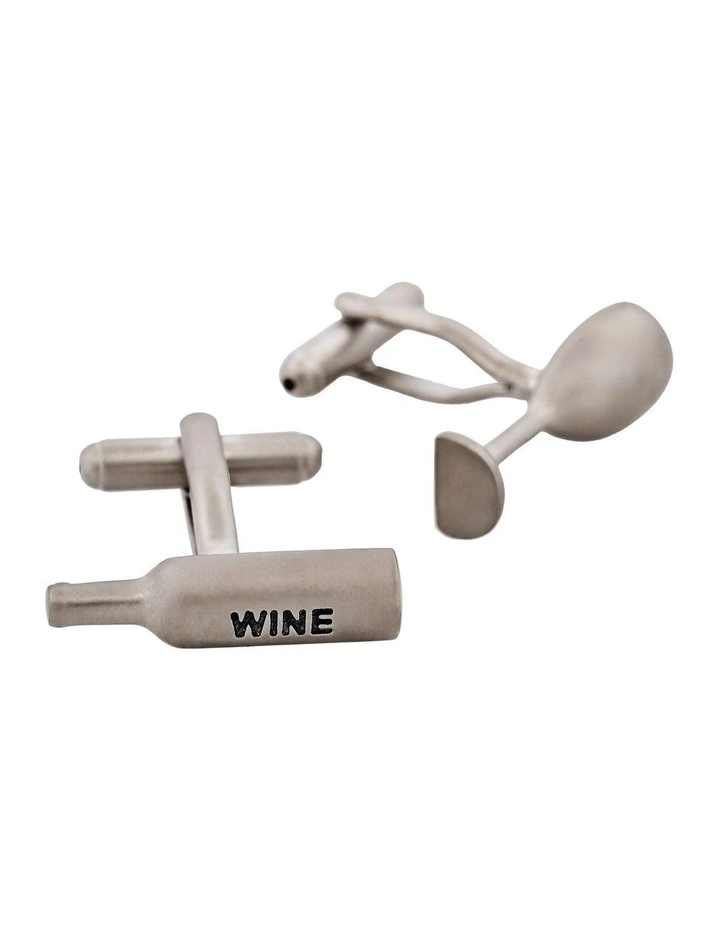 Rhodium Plated Wine Glass & Bottle Cufflinks in Silver image 2